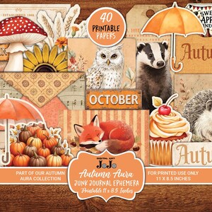 Pode incluir: Uma colagem com tema de outono com ilustrações de cogumelos, corujas, raposas, ouriços e abóboras. O design inclui o texto "Autumn Aura" e "Outubro", com papéis imprimíveis de 27,94 cm x 21,59 cm.