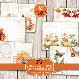 May include: Twelve printable junk journal pages featuring autumn and fall themes. The pages include images of pumpkins, leaves, boots, butterflies, and a coffee mug. The pages are designed to be printed on 11 x 8.5 inch paper.
