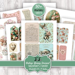 Junk Journal Kit, Printable Valentine's Day, Easter Bunny Love, Hearts Scrapbook Paper, Vintage Rabbit Digital Pages, Mixed Media Download