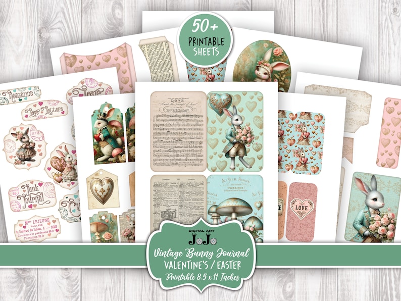 Junk Journal Kit, Printable Valentine's Day, Easter Bunny Love, Hearts Scrapbook Paper, Vintage Rabbit Digital Pages, Mixed Media Download