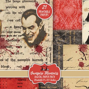 May include: Digital paper pack featuring a collage of vampire-themed illustrations and text. The design includes images of a vampire with bared fangs, blood splatters, and vintage-style text. The pack includes 21 printable papers, 11 x 8.5 inches.