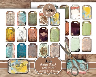 Etiquetas de diário de lixo vintage, kit de coisas efêmeras para download digital, etiquetas de scrapbooking DIY, conjunto de enfeites de colagem para impressão, grunge desgastado