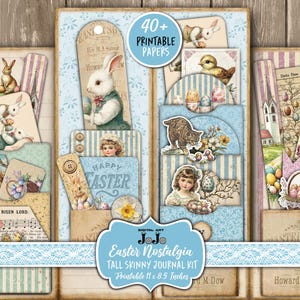 Ostern Skinny Junk Journal Kit, hohe Vintage Scrapbook Papiere, digitaler Download Ephemera, Hase Ei Küken Printables, Tags Lesezeichen Karten