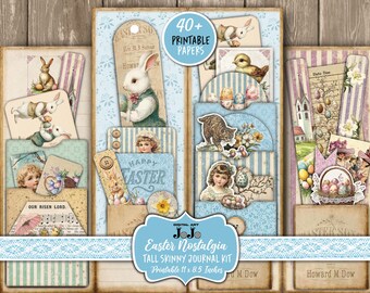 May include: A printable journal kit with an Easter theme. The kit includes 40+ printable papers with images of bunnies, chicks, eggs, and other Easter symbols. The papers are designed to be used in a tall skinny journal, which is 11 inches by 8.5 inches.