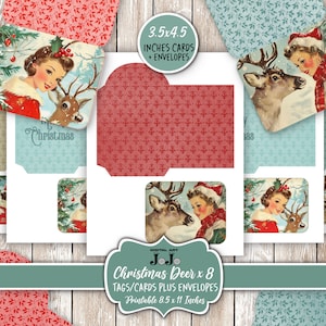 May include: Printable Christmas gift tags and envelopes featuring a vintage illustration of a woman and a deer in a snowy winter scene. The tags are 3.5 inches by 4.5 inches and include the text "Merry Christmas".