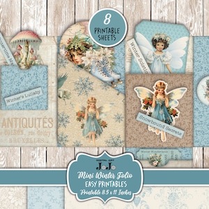 Puede incluir: Un folio de invierno imprimible con 8 hojas, con un esquema de color azul y blanco con copos de nieve, hadas y texto de temática invernal. El texto incluye "Wintertime Magic", "Winter's Lullaby", "Antiquités", "Winter Solstice", "Snowbound Secrets" y "Winter Wonderland".