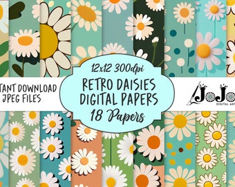 Retro Digital Paper, Daisies Download, Daisy Printable, Boho Digital Paper, Scrapbook Paper, 70s Flower Vintage, Retro Floral Background,