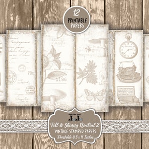 Printable Tall and Skinny Junk Journal Pages Kit, Neutral Stamped ...