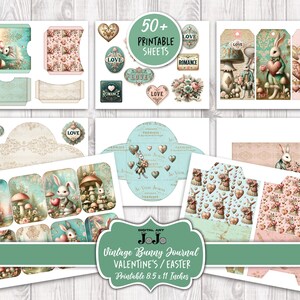 Junk Journal Kit, Printable Valentine's Day, Easter Bunny Love, Hearts Scrapbook Paper, Vintage Rabbit Digital Pages, Mixed Media Download