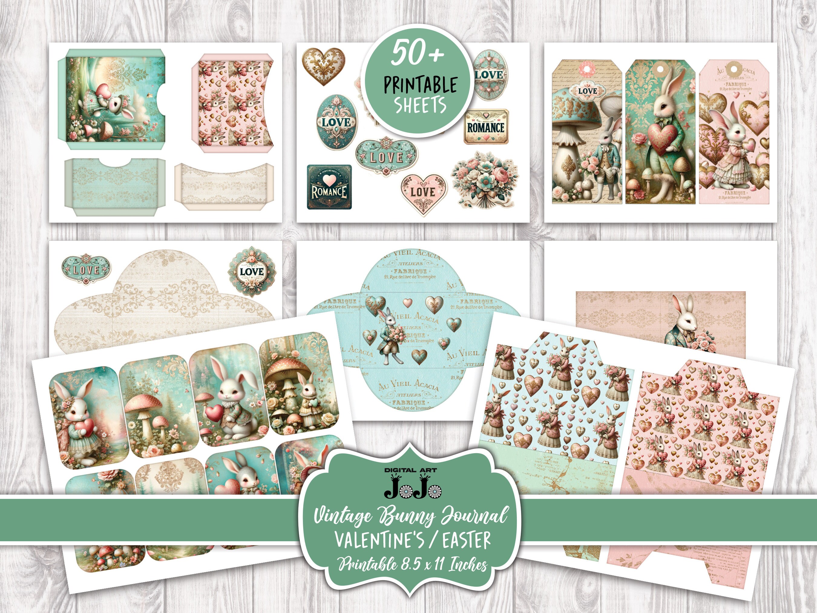 Junk Journal Kit, Printable Valentine's Day, Easter Bunny Love, Hearts ...