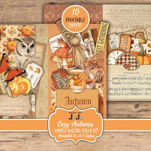 May include: A digital art kit with an autumn theme. The kit includes printable papers with illustrations of an owl, butterfly, squirrel, pumpkins, and the text "Autumn". The kit is labeled "Cozy Autumn Simple Digital Folio Kit".
