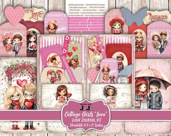 Valentine Junk Journal Kit, suprimentos para scrapbook Cottagecore, coisas efêmeras para impressão de Cottage Girls, download digital, papéis, fólio, bolsos, página