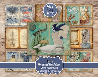 May include: A digital collage kit with 50+ printable papers featuring nautical themes. The papers include images of ships, whales, sea creatures, and other nautical elements. The papers are designed for use in junk journals and other paper crafts. The papers are 8.5 x 11 inches.