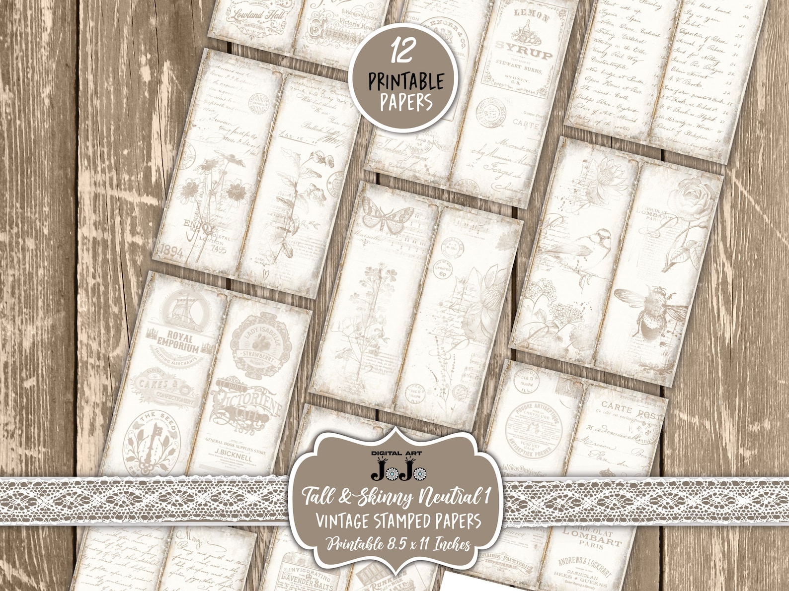 Printable Tall and Skinny Junk Journal Pages Kit, Neutral Stamped ...