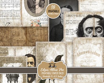 May include: A digital paper pack featuring 18 printable double pages inspired by Edgar Allan Poe. The pages feature vintage-style illustrations, text, and imagery, including a raven, a portrait of Poe, and a quote from his work. The paper pack is printable at 11 x 8.5 inches.