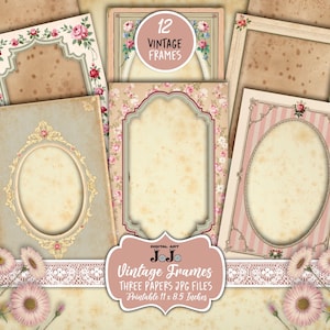May include: A collection of vintage-style frames in various shapes and designs. The frames feature floral and ornate details, with a color palette of cream, pink, and beige. The image includes the text "12 Vintage Frames" and "Vintage Frames Three Papers JPG Files Printable 11 x 8.5 Inches."