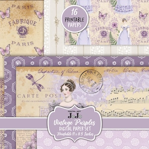 Papeles vintage morados para diario basura, set de scrapbooking lila claro, descarga digital, kit de efímeras florales, paquete de collage de flores, material para diario