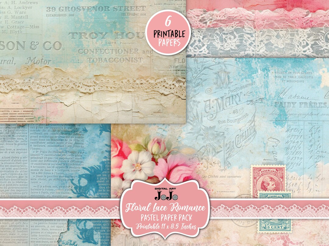 Floral Lace Junk Journal Papers Kit, Pink Blue Scrapbook Pages Set ...