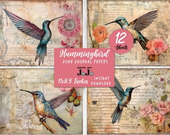Kit digitale di pagine di diario spazzatura di uccelli, carte per scrapbooking, fogli di collage, colibrì, fiori, fiori, vintage, artigianato, stampabile