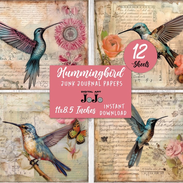 Bird Junk Journal Pages Digital Kit, Scrapbooking Papers, Collage Sheets, Hummingbird, Floral, Flowers, Vintage, Crafting, Printable