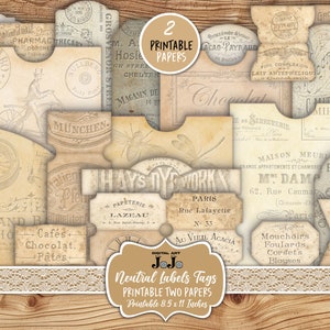 Neutral Junk Journal Supplies, Vintage Pockets, Distressed Scrapbook Labels, Printable Tag Embellishments, Ephemera Kit, Digital Download