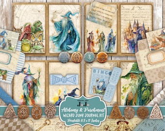 Puede incluir: Un collage digital con temática de mago, que muestra ilustraciones de magos, búhos, ranas y papel pergamino. El kit incluye tarjetas de bingo, etiquetas y elementos decorativos. El texto "Alchemy & Parchment WIZARD JUNK JOURNAL KIT Imprimible 21.6 x 27.9 cm" es visible.