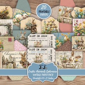 Ostern Junk Journal Ephemera Kit, Häschen Sammelalbum Vintage Papiere, Floral Collage Set, digitaler Download, bedruckbares Bastelpaket, Tags, Lesezeichen