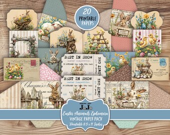 Ostern Junk Journal Ephemera Kit, Häschen Sammelalbum Vintage Papiere, Floral Collage Set, digitaler Download, bedruckbares Bastelpaket, Tags, Lesezeichen