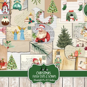 Christmas Junk Journal Fussy Cuts, Vintage Scrapbook Scraps, Collage Lined Paper, Printable Pages, Ephemera Kit, Tabs, Tags, Labels, Cards