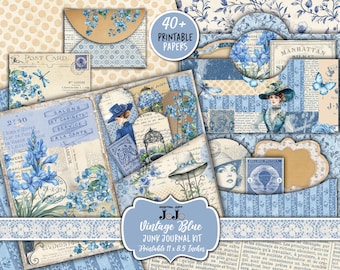 Vintage Junk Journal Kit, Blue Floral Printable, Ephemera, Victorian Scrapbook Paper, Digital Download, Shabby Chic, Collage Pages