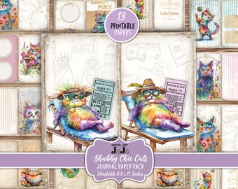 Katten Junk Journal afdrukbare papieren Kit, Vintage Shabby Chic Pagina's, Boho Scrapbook Supplies, Digitale Download, Zomerbloemen, Shabby Chic