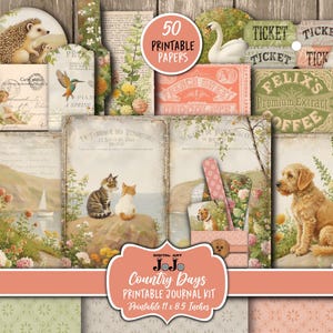 Kit diario di primavera Junk, fornitura di pagine per album estivi, effimeri vintage stampabili neutri, download digitale, carte per collage di paesaggi naturali