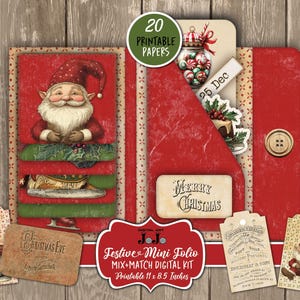 Kit mini-folio Christmas Junk Journal, pacchetto di album di Natale vintage, carte stampabili, set di collage, pacchetto di Natale per lavoretti natalizi, libro di cartelle regalo