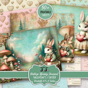 Junk Journal Kit, Printable Valentine's Day, Easter Bunny Love, Hearts Scrapbook Paper, Vintage Rabbit Digital Pages, Mixed Media Download