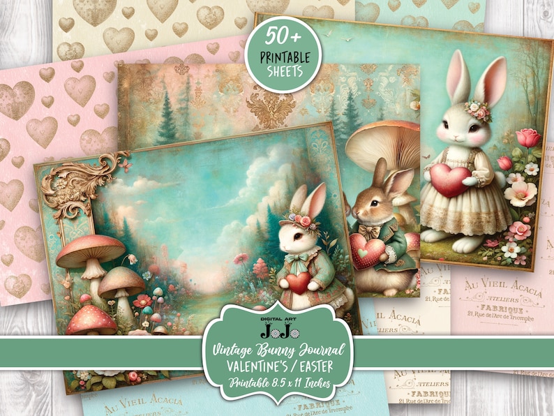 Junk Journal Kit, Printable Valentine's Day, Easter Bunny Love, Hearts Scrapbook Paper, Vintage Rabbit Digital Pages, Mixed Media Download