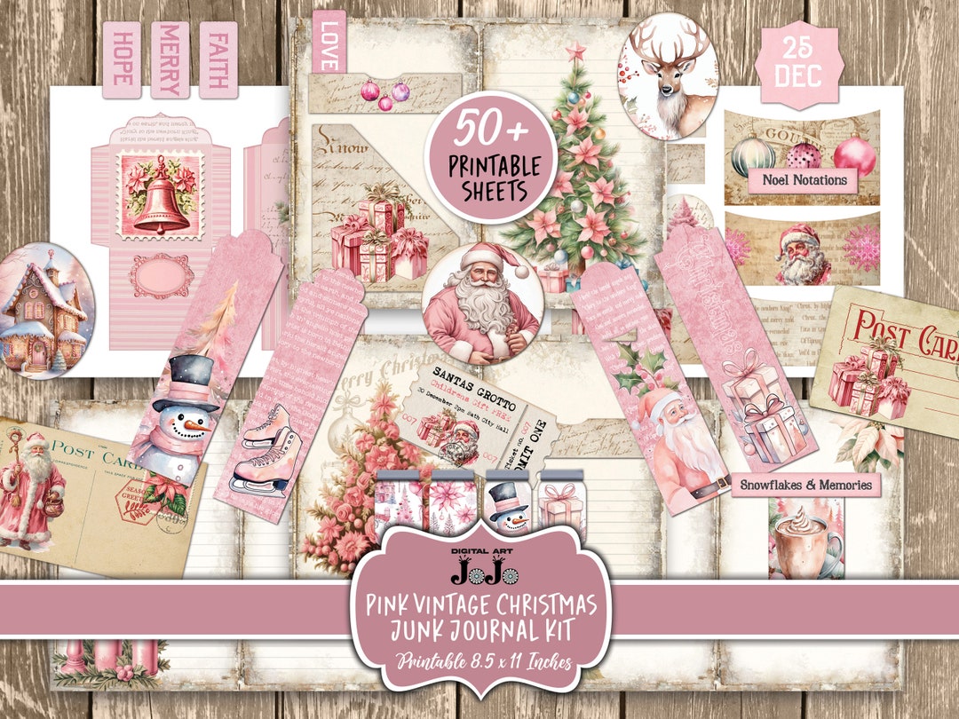 Pink Christmas Junk Journal Kit, Digital Printable Pages, Xmas Ephemera ...