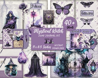 Witch Junk Journal Printable Kit, Witch Junk Journal Ephemera, Junk Journal Pockets And Folios, Purple Junk Journal Supplies, Collage Sheets