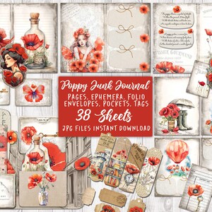 Carnet de bord numérique coquelicots, fleurs sauvages, papiers de scrapbooking, fleurs, pages imprimables, kit folio, citations indésirables, nature, téléchargement numérique