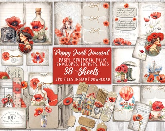 May include: Poppy Junk Journal digital paper pack with 38 sheets of printable designs. The pack includes pages, ephemera, folio envelopes, pockets, and tags. The designs feature red poppies, butterflies, vintage cameras, and other floral elements.