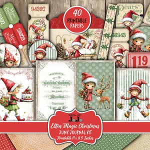 Jultomte-skräpjournalkit, utskrivbara vintagesidor, papperspaket med rödgrön bakgrund, digital nedladdning, scrapbook-ephemera, collageset
