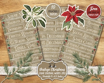 Christmas Junk Journal Word Labels, Vintage Scrapbook Printable Set, Digital Quotes, Collage Xmas Phrase Kit, Ephemera Digi Words Bundle
