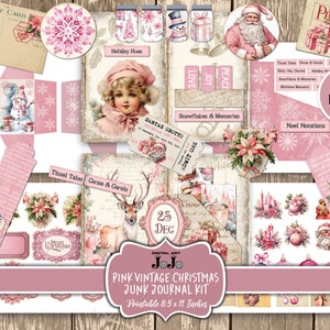 Kit de journal de Noël rose pastel, pages imprimables numériques, paquet d’éphémères de Noël, pack de scrapbooking, téléchargement de collage, éphémères faits à la main