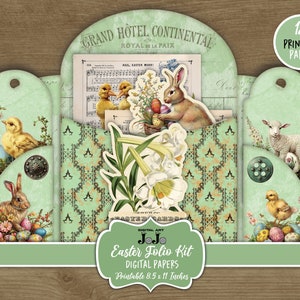 Diario spazzatura di Pasqua Folio stampabili, Portafoglio digitale coniglietto di scrapbook, Kit artigianale semplice, Porta voucher regalo, Oggetti effimeri vintage, Shabby Chic