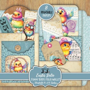 Kit de fólio de Páscoa, tema de diário de lixo de pássaros engraçados, porta-cartão-presente, download digital, pasta de carteira, recortes caprichosos de primavera Fussy Cuts