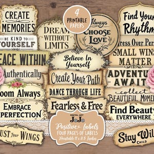 Etichette con parole di ispirazione positiva stampabili, effimeri testi vintage grunge, diario, album di ritagli, collage, planner, kit per download immediato