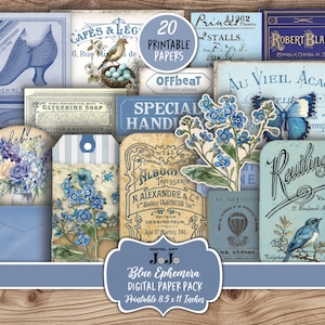 Blue Ephemera Junk Journal Kit, Floral Scrapbook Papers Set, Vintage Craft Embellishment Pack, Addon Collage Scraps Pack, Shabby Digitals