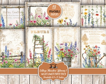 Wildflowers Junk Journal Printable Papers, Vintage Floral Pages, Boho Scrapbook Supplies, Digital Download, Spring Flowers, Shabby Chic Set