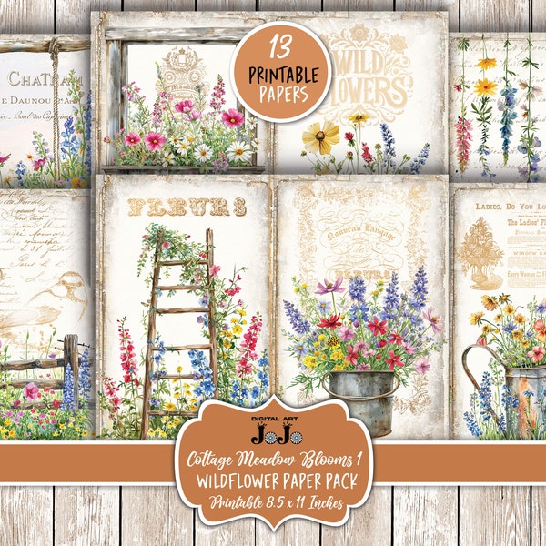 Wildflowers Junk Journal Printable Papers, Vintage Floral Pages, Boho Scrapbook Supplies, Digital Download, Spring Flowers, Shabby Chic Set