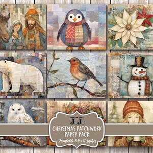 Könnte beinhalten: Ein Set mit neun digitalen druckbaren Weihnachts-Patchwork-Papierdesigns. Die Designs zeigen eine Vielzahl von Winterthemen, darunter einen Pinguin, einen Schneemann, einen Rotkehlchen, einen Eisbären, eine Schnee-Eule, eine Weihnachtsstern, eine Weihnachtskrippe und ein Mädchen mit einer Tasse heißer Schokolade. Die Papiere sind in 8,5 x 11 Zoll druckbar.