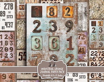 Grunge Numbers Junk Journal Papers, Industrial Printable Pages Pack, Digital Distressed Vintage Ephemera Kit,  Shabby Chic Scrapbook Bundle